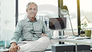 He has full confidence in his business skills. Portrait of a mature businessman working at his desk in an office.