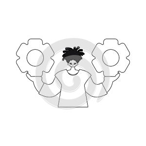 He has gears cupped in both hands, illustrated in vectorstyle linearity.