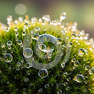Has a soft blurred background emphasizing the sharp focus on the dewdrops