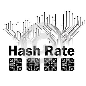 Hash rate of blockchain network with asic icon isolated on white.