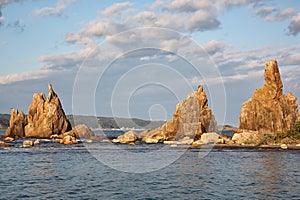 Hashigui-iwa Bridge Pillar Rocks at the Kushimoto. Wakayama prefecture. Honshu. Japan