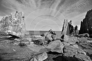 Hashigui Rocks amazing stone formations in Kushimoto Town in Kii Peninsula of Wakayama Prefecture in Japan photo