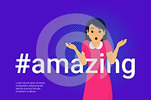 Hashtag amazing concept vector illustration of amazed young woman with open mouth