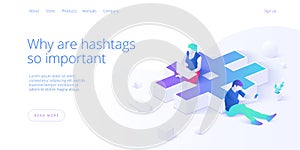 Hashtag benefits with young people using smartphone and laptop. Woman and man as part of social media marketing. Vector