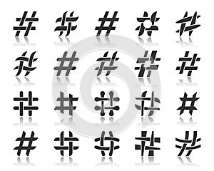 Hashtag black silhouette icons vector set