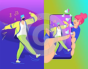 Hashtag duet challenge concept vector illustration of two young teenagers blowing a big bubble gum