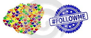 hashtag Followme Scratched Badge and Vibrant Heart Mosaic Map of Kauai Island for LGBT photo