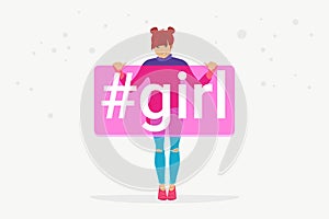 Hashtag girl concept flat vector illustration of happy teenager smiling and holding a banner with hashtag for social media