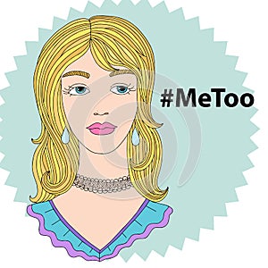 Hashtag MeToo illustration with sad woman.