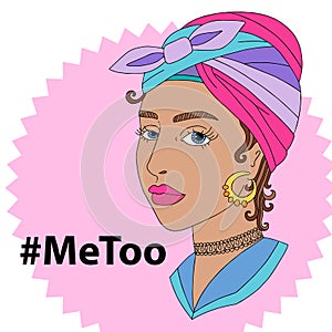 Hashtag MeToo vector illustration with sad woman.