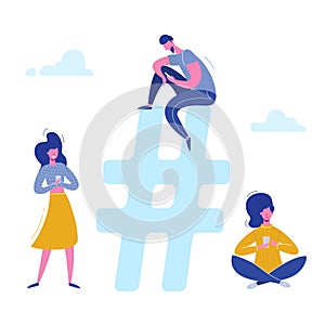 Hashtag people characters chatting with phones on social media, networking. Illustration design for web banner, marketing