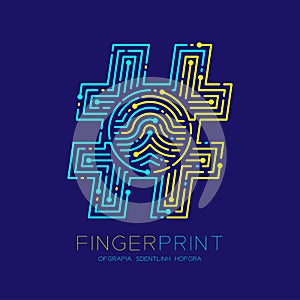 Hashtag sign Fingerprint scan pattern logo dash line, digital social network concept, Editable stroke illustration yellow and blue