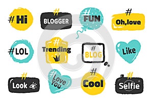 Hashtag social banners. Trendy blog slang logos concept, fun post tag design on speech bubble. Vector modern social photo