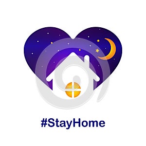 Hashtag stay home. heart icon and house symbol on a background of the starry sky. Isolated object. Vector