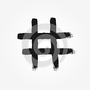 Hashtag symbol drawn by hand with rough brush. Isolated icon, sign, logo.