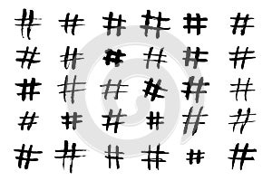 Hashtag vector hand drawn icons set for social network or internet application. Hashtag ink paint brush stroke line symbols