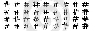 Hashtag vector hand drawn icons set for social network or internet application. Hashtag ink paint brush stroke line symbols for