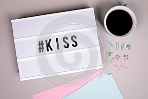 Hashtag with word Kiss. Love, relationships, Valentine`s Day and Christmas concept