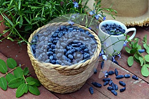 Haskap or honeysuckle berry in the wicker basket on the wooden planks.