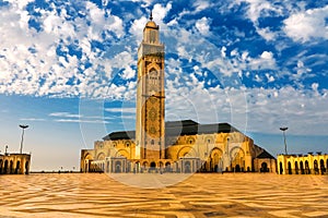 Hassan II Mosque on the beach of Casablanca at sunset, Morocco