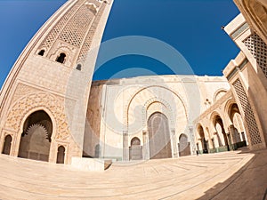 Hassan II Mosque on coast of Atlantic Ocean in Casablanca Morocco. Biggest mosque in Africa. Beautiful Arabic African Architecture