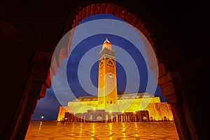 Hassan II Mosque during the twilight in Casablanca, Morocco