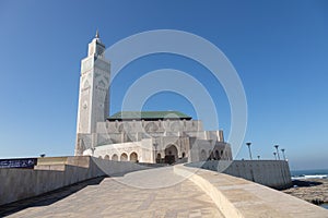 Hassan 2 mosque in Casablanca Morocco 12/31/2019 with minaret and blue sky