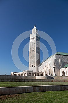 Hassan 2 mosque in Casablanca Morocco 12/31/2019 with minaret and blue sky