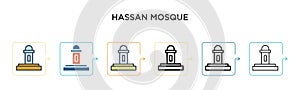 Hassan mosque vector icon in 6 different modern styles. Black, two colored hassan mosque icons designed in filled, outline, line