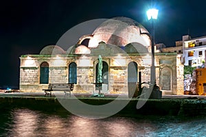 Hassan Pascha Mosque on Chania embankment at night, Crete island, Greece