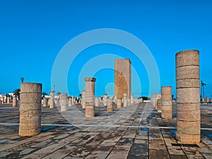 Hassan tower with stone columns, Made of red sandstone, important historical and tourist complex in Rabat, Morocco. Rabat, morocco