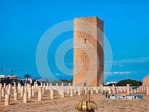 Hassan tower with stone columns, Made of red sandstone, important historical and tourist complex in Rabat, Morocco. Rabat, morocco