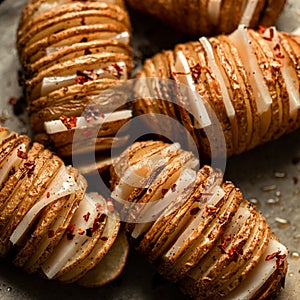 Hasselback Baked Potatoes with Fresh Herbs and pork fat, lard, tallow, garlic. National Ukrainian food. Top view.