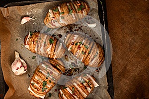 Hasselback Baked Potatoes with Fresh Herbs and pork fat, lard, tallow, garlic. National Ukrainian food. Top view.