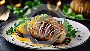 Hasselback potatoes on the black plate.