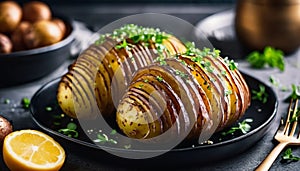Hasselback potatoes on the black plate.