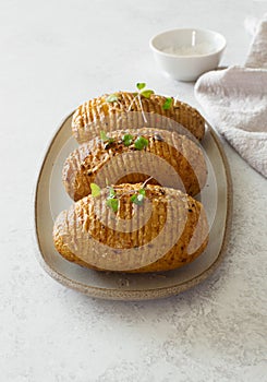 Hasselblad potatoes oven  baked with spices and olive oil served on white plate