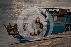 Hastings fishing trawler locked in port. Tradition fishing Boat