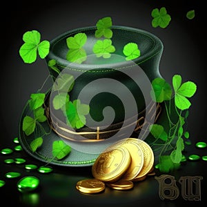Hat with 4 leaf clovers and lucky coins in celebration of st patrick's day. Generative AI