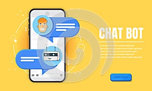 Ð¡hat bot concept. Horizontal business banner template with illustration of man chatting with chat bot in smartphone. Website