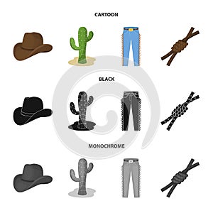 Hat, cactus, jeans, knot on the lasso. Rodeo set collection icons in cartoon,black,monochrome style vector symbol stock