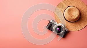 Hat, camera, and purse are placed on top of pink background. The hat is positioned next to camera, while purse sits further away