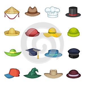 Hat cap icons set, cartoon style