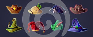 Hat cartoon. Set of hats icons, character avatar. Sheriff, safari, pirate, hunter, sorcerer, jester, archer, wizard. Game design,