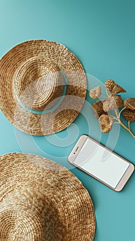 Hat, Cell Phone, and Ear Buds on Blue Background