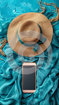 Hat, Cell Phone, and Ear Buds on Blue Background