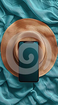 Hat, Cell Phone, and Ear Buds on Blue Background