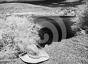 Hat on a cliff at Lake Mohave, Arizona, Katherine Landing