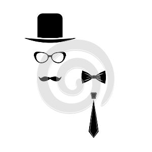 Hat, Glasses , Bowtie and Mustache man Set. Vector illustration