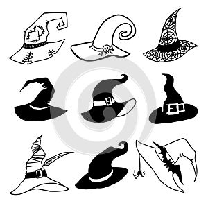 Hat for halloween. Witch hats with straps and buckles set isolated on white background. Collection of halloween silhouettes,